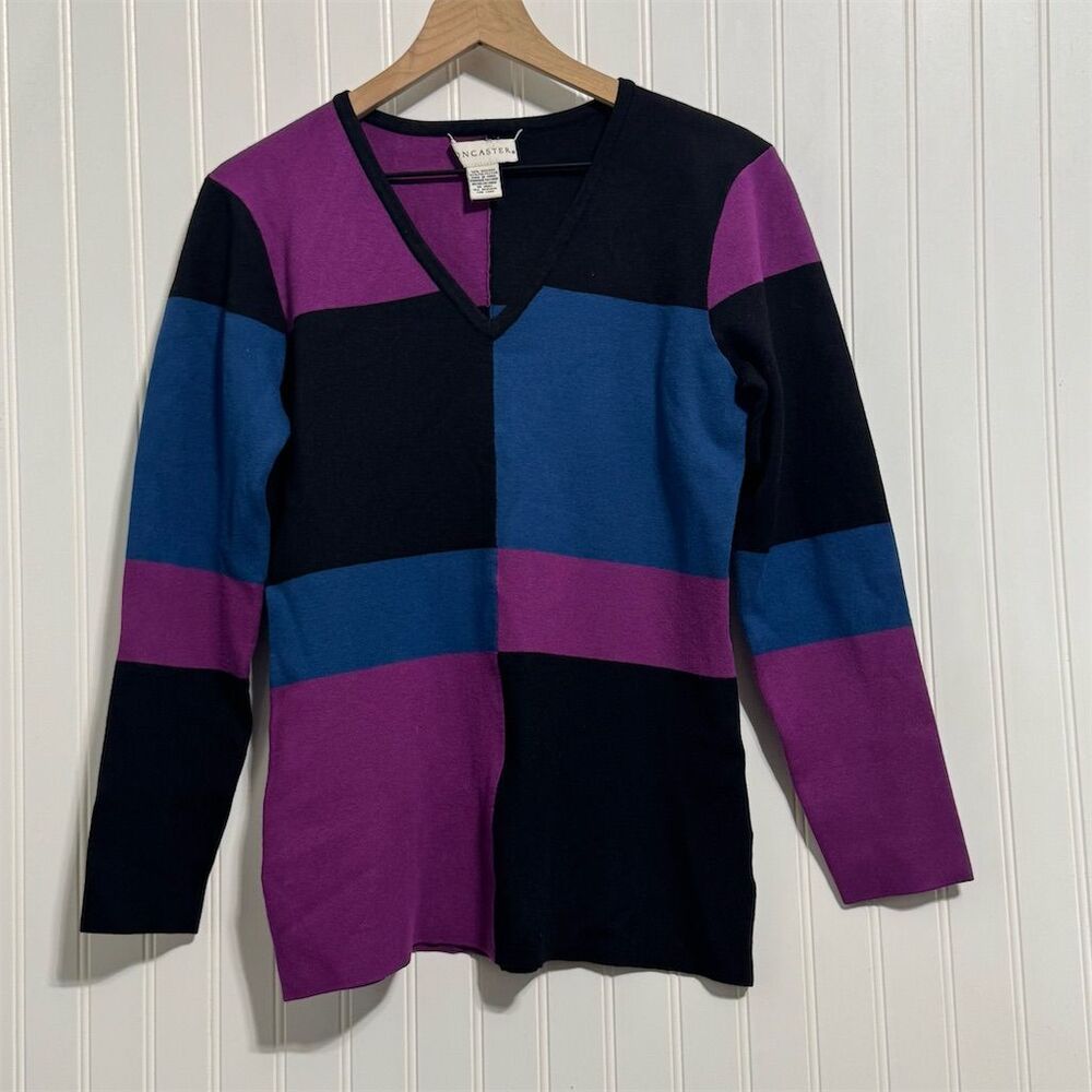 Doncaster L Colorblock Sweater Dark Academia Mod Geometric Knit Vtg Purple Y2K